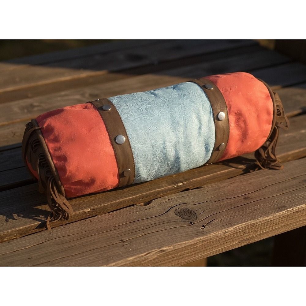 Boho‎ Western Suede Fringe Bolster Pillow Coral Blue Embossed Accent King Size
